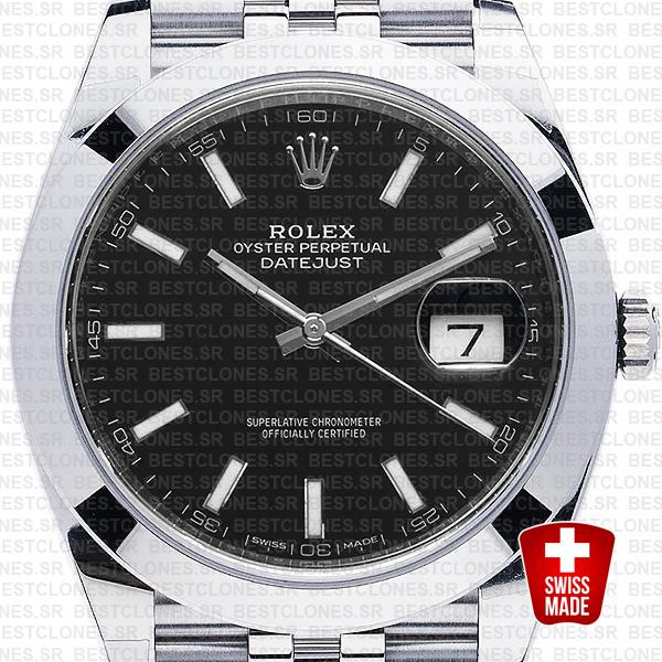 Rolex Datejust 41 Jubilee Steel Smooth Bezel Black Dial Stick Markers 126300 Swiss Replica