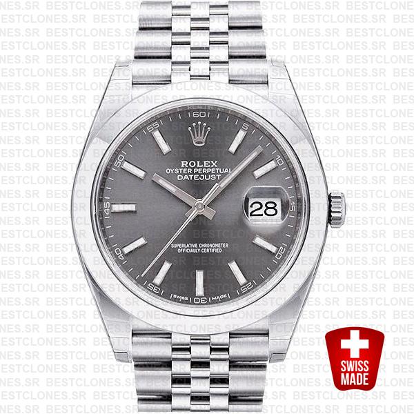 Rolex Datejust 41 Jubilee Steel Smooth Bezel Dark Rhodium Grey Dial Stick Markers 126300 Swiss Replica