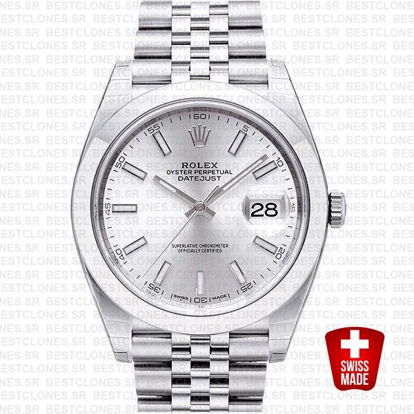 Rolex Datejust 41 Jubilee Steel Smooth Bezel Silver Dial Stick Markers 126300 Swiss Replica