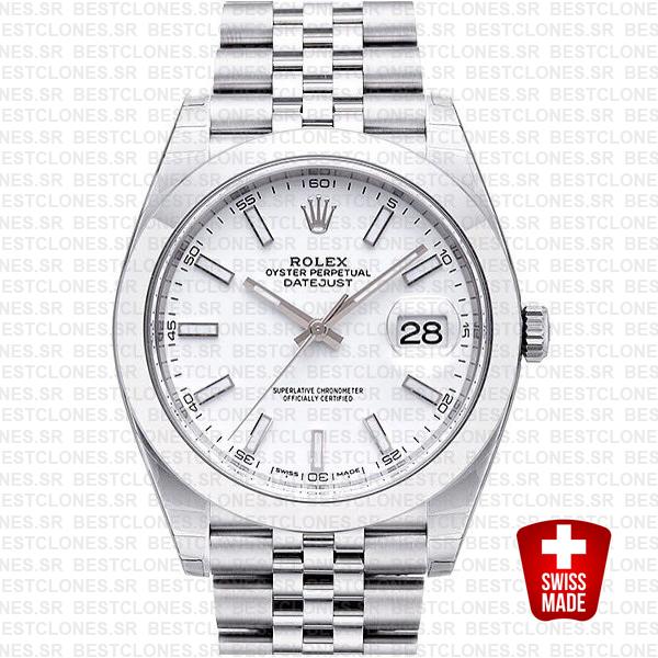 Rolex Datejust 41 Jubilee Steel Smooth Bezel White Dial Stick Markers 126300 Swiss Replica