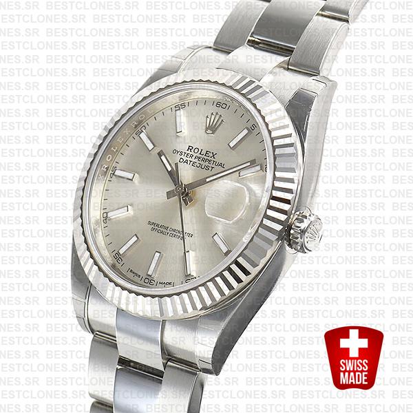 Rolex Datejust 41 Oyster 18k W Gold Fluted Bezel Silver Dial Stick Markers 126334