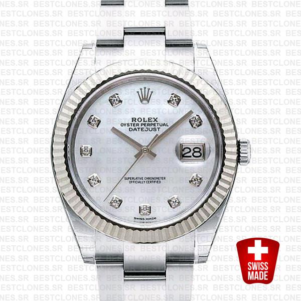 Rolex Datejust 41 Oyster 18k W Gold Fluted Bezel White Mop Dial Diamond Markers 126334