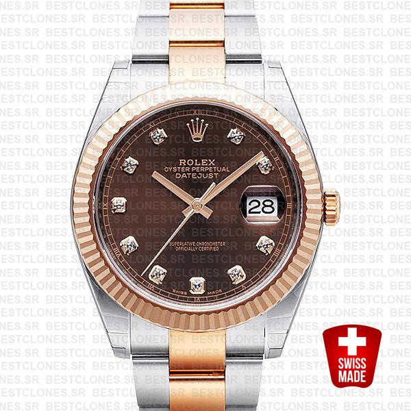 Rolex Datejust 41 Oyster 2 Tone 18k Rose Gold Fluted Bezel Chocolate Dial Diamond Markers 126331 Swiss Replica