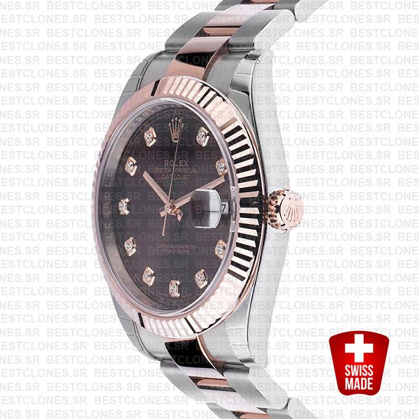 Rolex Datejust 41 Oyster 2 Tone 18k Rose Gold Fluted Bezel Chocolate Dial Diamond Markers 126331 Swiss Replica