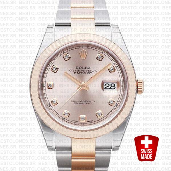 Rolex Datejust 41 Oyster 2 Tone 18k Rose Gold Fluted Bezel Pink Dial Diamond Markers 126331 Swiss Replica