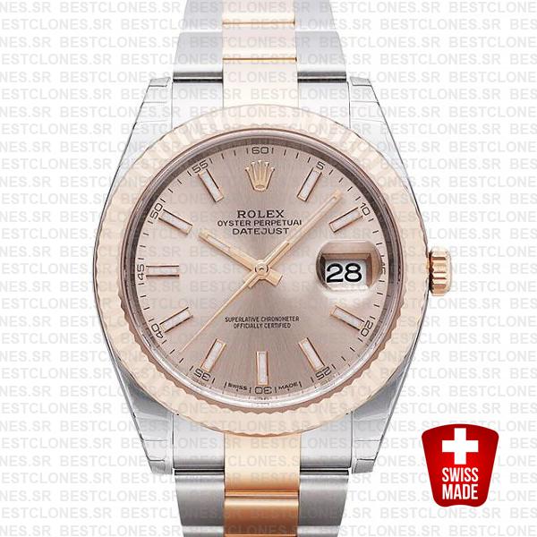 Rolex Datejust 41 Oyster 2 Tone 18k Rose Gold Fluted Bezel Pink Dial Stick Markers 126331 Swiss Replica