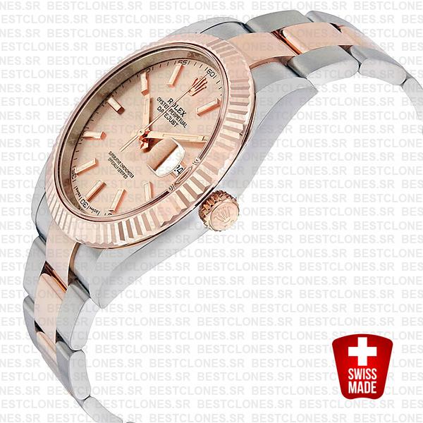 Rolex Datejust 41 Oyster 2 Tone 18k Rose Gold Fluted Bezel Pink Dial Stick Markers 126331 Swiss Replica
