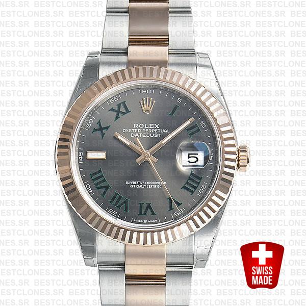 Rolex Datejust 41 Oyster 2 Tone 18k Rose Gold Fluted Bezel Slate Grey Dial Roman Markers 126331 Swiss Replica