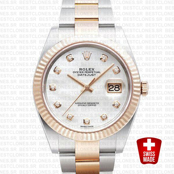 Rolex Datejust 41 Oyster 2 Tone 18k Rose Gold Fluted Bezel White Mop Dial Diamond Markers 126331 Swiss Replica