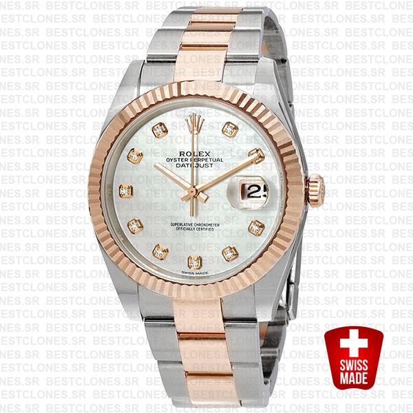 Rolex Datejust 41 Oyster 2 Tone 18k Rose Gold Fluted Bezel White Mop Dial Diamond Markers 126331 Swiss Replica