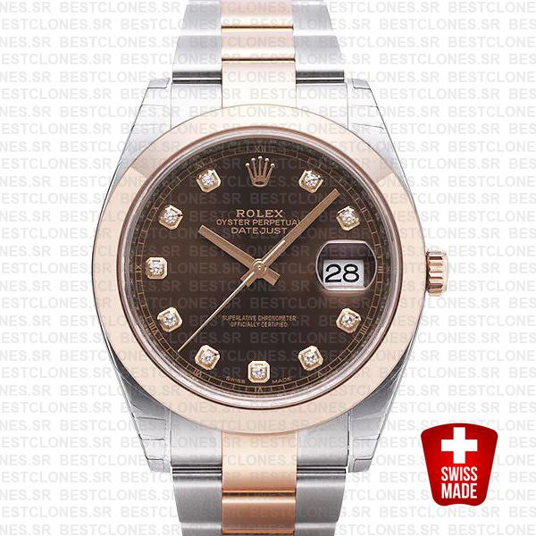 Rolex Datejust 41 Oyster 2 Tone 18k Rose Gold Smooth Bezel Chocolate Dial Diamond Markers 126301 Swiss Replica