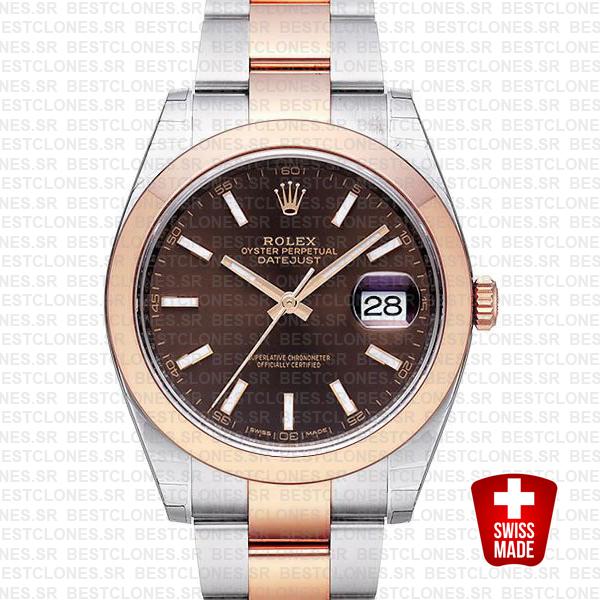 Rolex Datejust 41 Oyster 2 Tone 18k Rose Gold Smooth Bezel Chocolate Dial Stick Markers 126301 Swiss Replica