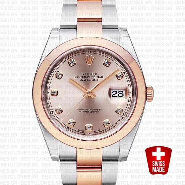 Rolex Datejust 41 Oyster 2 Tone 18k Rose Gold Smooth Bezel Pink Dial Diamond Markers 126301 Swiss Replica