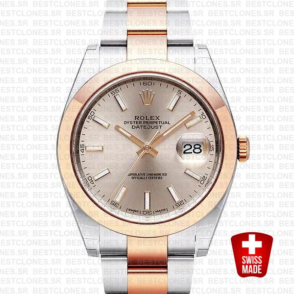 Rolex Datejust 41 Oyster 2 Tone 18k Rose Gold Smooth Bezel Pink Dial Stick Markers 126301 Swiss Replica