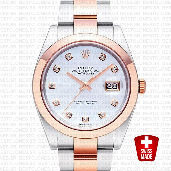 Rolex Datejust 41 Oyster 2 Tone 18k Rose Gold Smooth Bezel White Mop Dial Diamond Markers 126301 Swiss Replica