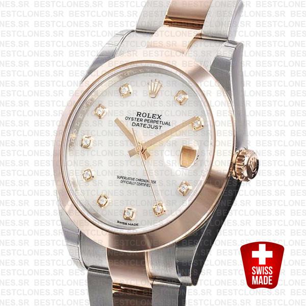 Rolex Datejust 41 Oyster 2 Tone 18k Rose Gold Smooth Bezel White Mop Dial Diamond Markers 126301 Swiss Replica