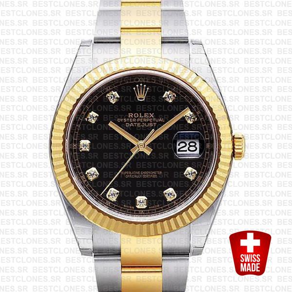 Rolex Datejust 41 Oyster 2 Tone 18k Yellow Gold Fluted Bezel Black Dial Diamond Markers 126333 Swiss Replica