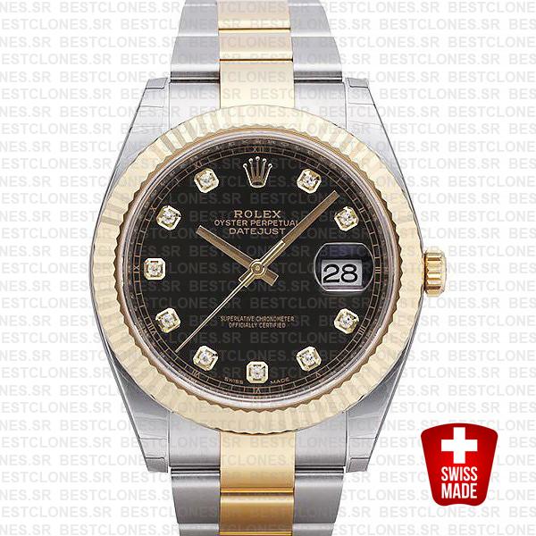 Rolex Datejust 41 Oyster 2 Tone 18k Yellow Gold Fluted Bezel Black Dial Diamond Markers 126333 Swiss Replica