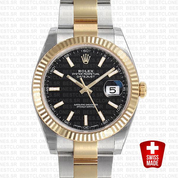 Rolex Datejust 41 Oyster 2 Tone 18k Yellow Gold Fluted Bezel Black Dial Stick Markers 126333 Swiss Replica