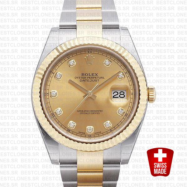 Rolex Datejust 41 Oyster 2 Tone 18k Yellow Gold Fluted Bezel Gold Dial Diamond Markers 126333 Swiss Replica