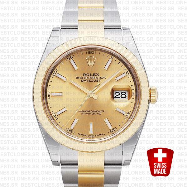 Rolex Datejust 41 Oyster 2 Tone 18k Yellow Gold Fluted Bezel Gold Dial Stick Markers 126333 Swiss Replica