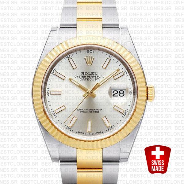 Rolex Datejust 41 Oyster 2 Tone 18k Yellow Gold Fluted Bezel Silver Dial Stick Markers 126333 Swiss Replica