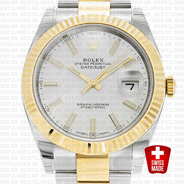 Rolex Datejust 41 Oyster 2 Tone 18k Yellow Gold Fluted Bezel Silver Dial Stick Markers 126333 Swiss Replica