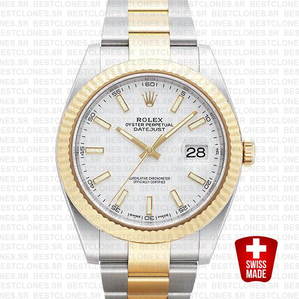 Rolex Datejust 41 Oyster 2 Tone 18k Yellow Gold Fluted Bezel White Dial Stick Markers 126333 Swiss Replica