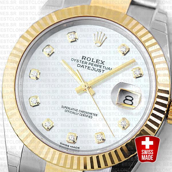 Rolex Datejust 41 Oyster 2 Tone 18k Yellow Gold Fluted Bezel White Mop Dial Diamond Markers 126333 Swiss Replica