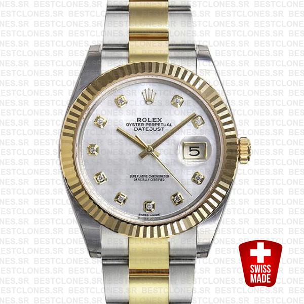 Rolex Datejust 41 Oyster 2 Tone 18k Yellow Gold Fluted Bezel White Mop Dial Diamond Markers 126333 Swiss Replica