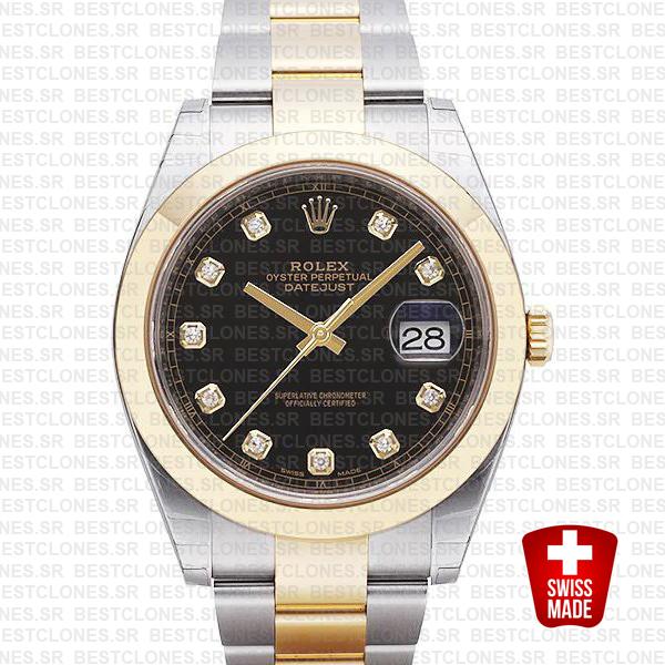 Rolex Datejust 41 Oyster 2 Tone 18k Yellow Gold Smooth Bezel Black Dial Diamond Markers 126303 Swiss Replica