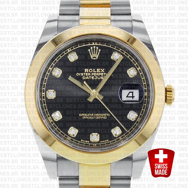 Rolex Datejust 41 Oyster 2 Tone 18k Yellow Gold Smooth Bezel Black Dial Diamond Markers 126303 Swiss Replica