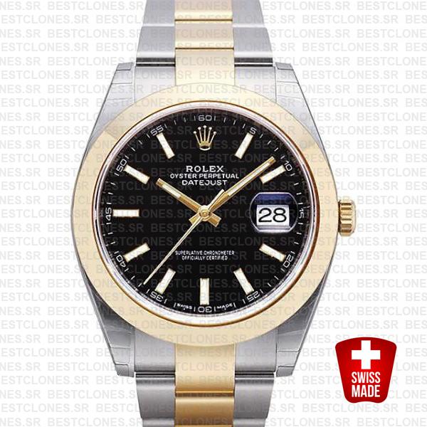 Rolex Datejust 41 Oyster 2 Tone 18k Yellow Gold Smooth Bezel Black Dial Stick Markers 126303 Swiss Replica