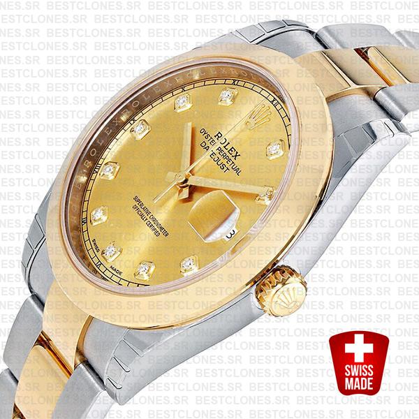 Rolex Datejust 41 Oyster 2 Tone 18k Yellow Gold Smooth Bezel Gold Dial Diamond Markers 126303 Swiss Replica