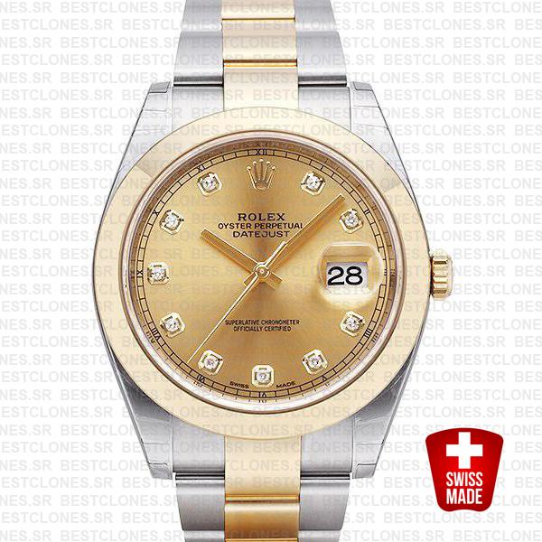 Rolex Datejust 41 Oyster 2 Tone 18k Yellow Gold Smooth Bezel Gold Dial Diamond Markers 126303 Swiss Replica