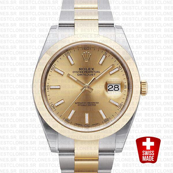 Rolex Datejust 41 Oyster 2 Tone 18k Yellow Gold Smooth Bezel Gold Dial Stick Markers 126303 Swiss Replica