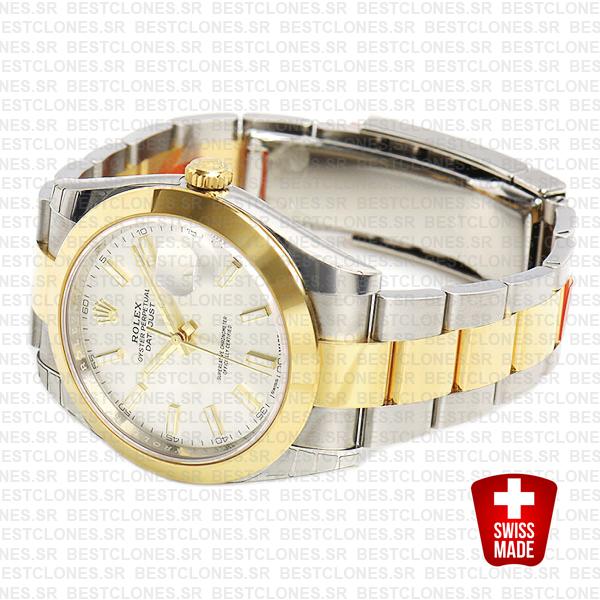 Rolex Datejust 41 Oyster 2 Tone 18k Yellow Gold Smooth Bezel Silver Dial Stick Markers 126303 Swiss Replica