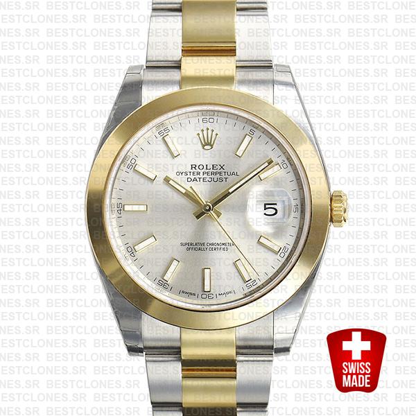 Rolex Datejust 41 Oyster 2 Tone 18k Yellow Gold Smooth Bezel Silver Dial Stick Markers 126303 Swiss Replica