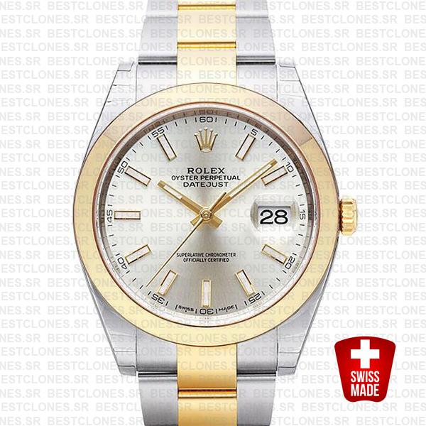 Rolex Datejust 41 Oyster 2 Tone 18k Yellow Gold Smooth Bezel Silver Dial Stick Markers 126303 Swiss Replica