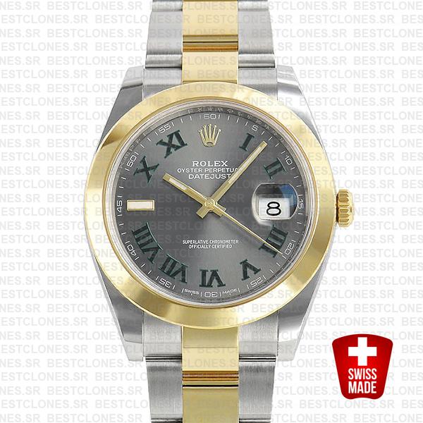 Rolex Datejust 41 Oyster 2 Tone 18k Yellow Gold Smooth Bezel Slate Grey Dial Roman Markers 126303 Swiss Replica