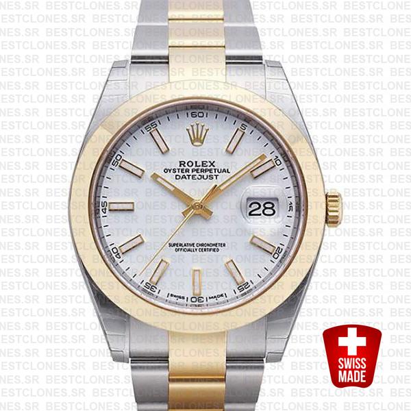 Rolex Datejust 41 Oyster 2 Tone 18k Yellow Gold Smooth Bezel White Dial Stick Markers 126303 Swiss Replica