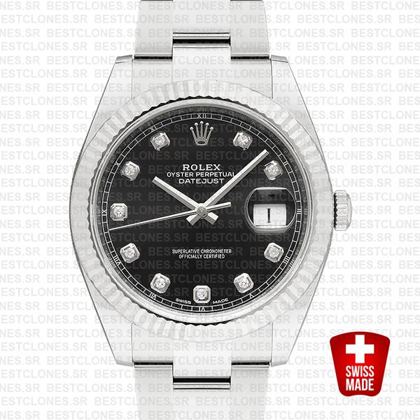 Rolex Datejust 41 Oyster 904l Steel 18k W Gold Fluted Bezel Black Dial Diamond Markers 126334 Swiss Replica