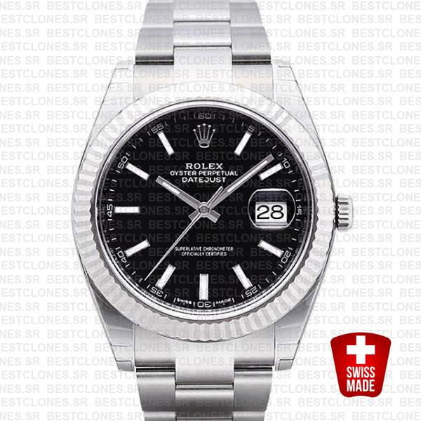 Rolex Datejust 41 Oyster 904l Steel 18k W Gold Fluted Bezel Black Dial Stick Markers 126334 Swiss Replica