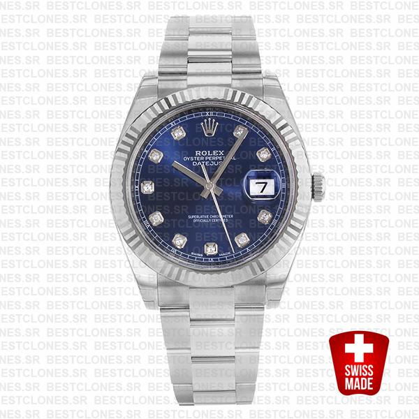 Rolex Datejust 41 Oyster 904l Steel 18k W Gold Fluted Bezel Blue Dial Diamond Markers 126334 Swiss Replica
