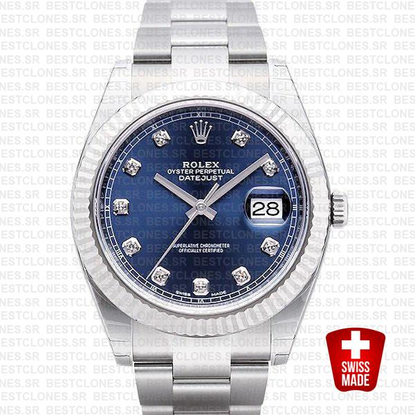 Rolex Datejust 41 Oyster 904l Steel 18k W Gold Fluted Bezel Blue Dial Diamond Markers 126334 Swiss Replica