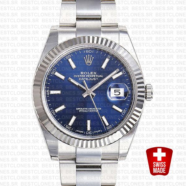 Rolex Datejust 41 Oyster 904l Steel 18k W Gold Fluted Bezel Blue Dial Stick Markers 126334 Swiss Replica