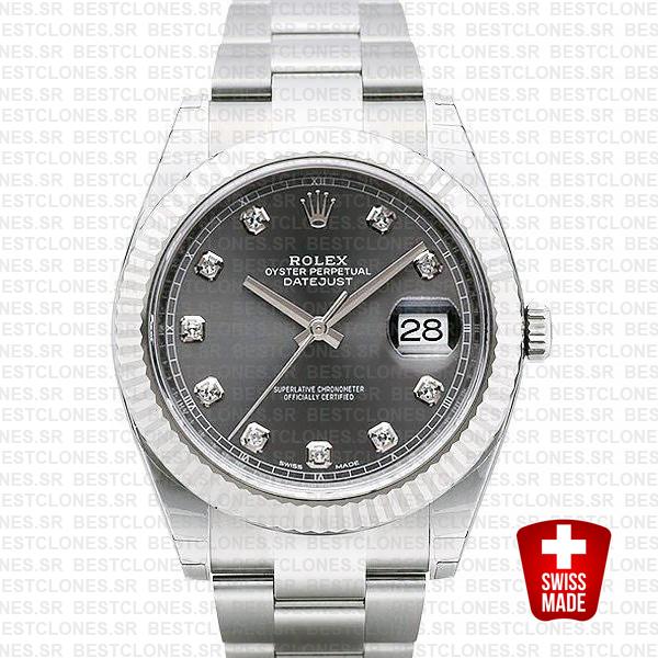 Rolex Datejust 41 Oyster Steel 18k W Gold Fluted Bezel Dark Rhodium Grey Dial Diamond Markers 126334