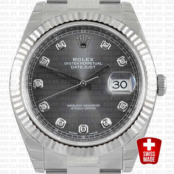 Rolex Datejust 41 Oyster Steel 18k W Gold Fluted Bezel Dark Rhodium Grey Dial Diamond Markers 126334