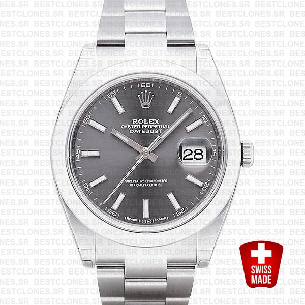 Rolex Datejust 41 Oyster Steel Smooth Bezel Dark Rhodium Grey Dial Stick Markers 126300