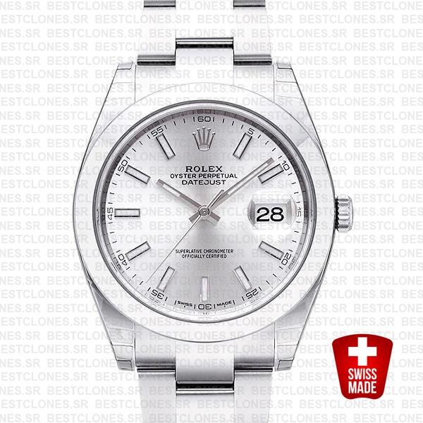 Rolex Datejust 41 Oyster Steel Smooth Bezel Silver Dial Stick Markers 126300